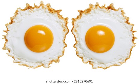 Two crispy fried eggs with bright yellow yolks and golden brown edges