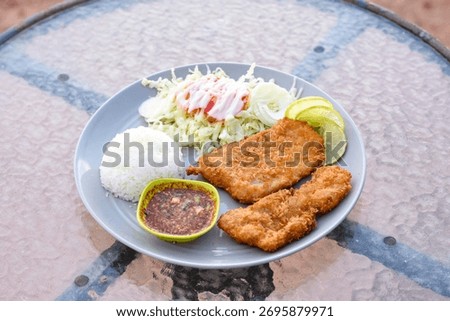 Two crispy fried fish fillets served with rice, salad, and spicy Thai dipping sauce.