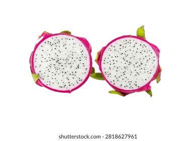 Two cross section halves of fresh dragon fruit showing white pulp with black seeds.