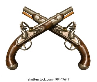 Two Crossed Flintlock Pistols Against White Background. Flintlock Pistols Manufactured By Gunmaker Simeon North Circa 1813, Although Similar To What Was Used During The American Revolution.