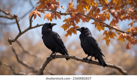 TWO CROWS SITTING IN A BRANCH