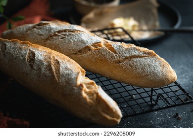 Two crunchy french baguettes on black background