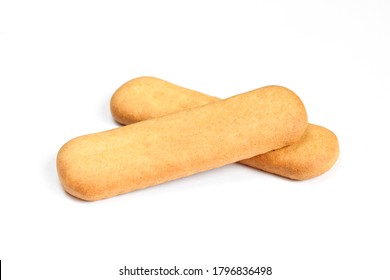 Two crunchy stick biscuits isolated on white background. Ladyfingers