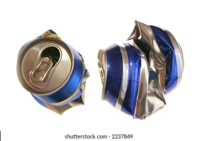 Two Crushed Beer Cans Captured Over White