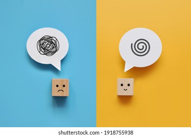 Two cubes with a pattern of confusion of one and a clear line at the other. Confusion from one person's thoughts and clarity in the head of another - Shutterstock ID 1918755938