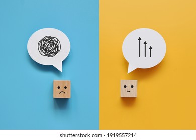 Two cubes with a pattern of confusion of one and a clear line at the other. Confusion from one person's thoughts and clarity in the head of another