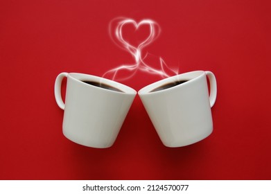 Two of cup coffee reflecting love with steam on red background. - Powered by Shutterstock