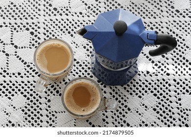 Two Cups Of Cofee And A Coffe Pot, Moka Express, Closeup