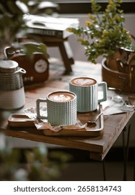 Two cups of coffe on the table. lifestyle. cozy place. Coffeetography concept. Selective focus