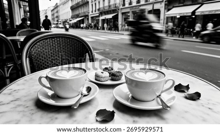 Two cups of coffee featuring heart-shaped latte art sit with small pastries on a marble bistro table on a Parisian street sidewalk, captured in a romantic black and white style.