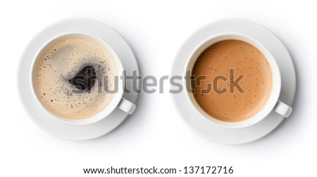 two cups of coffee isolated on white, top view