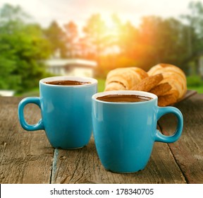 Two Cups Of Coffee In Morning Garden