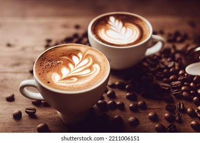 two cups of coffee on a table with coffee beans, two cups of coffee sit next to a couple of coffee beans. seamless texture - Shutterstock ID 2211006151
