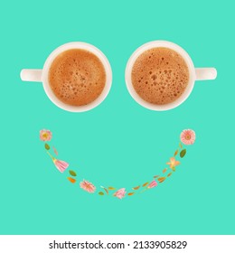 Two cups of coffee and vivid flowers make smile. Good morning mood concept. Pastel colors for lovely day idea - Shutterstock ID 2133905829