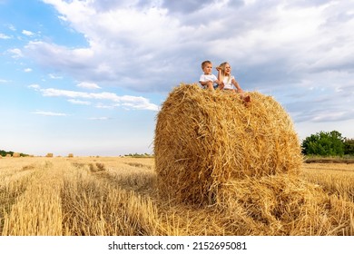 Two cute adorable caucasian siblings enjoy having fun sitting on top over golden hay bale on wheat harvested field near farm. Happy childhood and freedom concept. Rural countryside scenic landscape