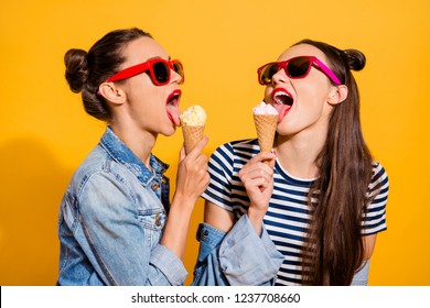 Two cute gorgeous nice adorable good-looking nice-looking brunette hair lady in glasses spectacles eating sugar yummy delicious sweet appetiser snack isolated on yellow wall