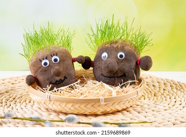Two cute homemade grass heads, growing hair grass. Stockings filled with soil and grass seeds. Fun spring hobby gardening.