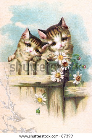 Two cute kittens on a garden gate - a vintage (c.1890) illustration.