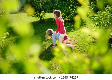 Two Cute Sisters Fooling Around Together On The Grass On A Sunny Summer Day. Children Being Silly And Having Fun. Family Time.