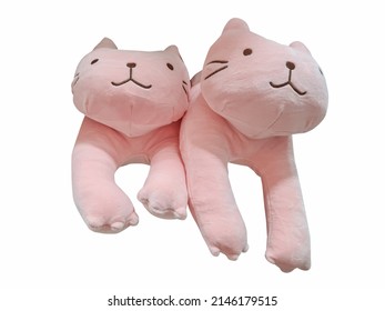 Two Cute Toy Pink Cats On Isolated White Background. Cat Plush Pillow