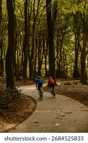 Two cyclists navigate a winding path surrounded by lush trees in the magical Speulderbos forest. The autumn season paints the area with vibrant colors, creating a peaceful outdoor experience.