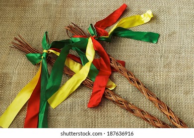 Two Czech Easter Rods With Colorful Ribbons