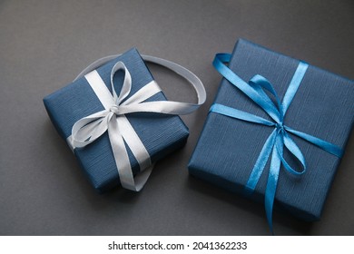 Two Dark Blue Gift Box On Grey Background. Gift For Men. Fathers Day. Present For Him. Copy Space