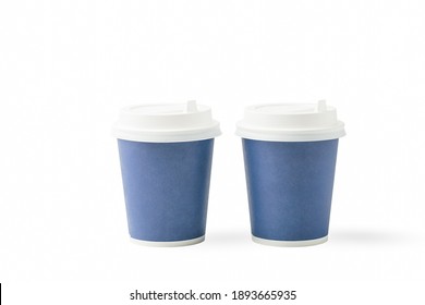 Two Dark Blue Paper Cups On A White Background