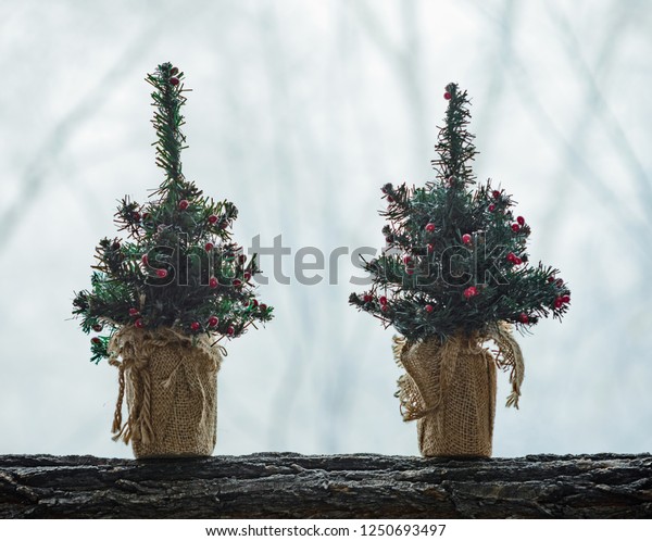 Two Decorative Artificial Christmas Trees Decorated Stock Image