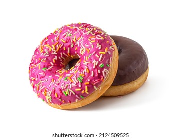 Two delicious donuts with strawberry and chocolate glaze, sprinkled with multicolored sprinkles, isolated on a white background