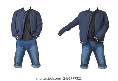 two denim blue shorts,black t-shirt and dark blue bomber jacket on a zipper isolated on white background