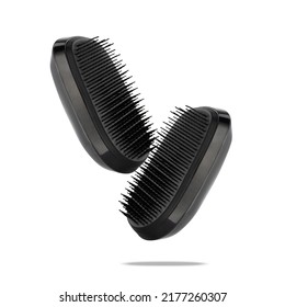 Two Detangler Hairbrushes Float On White. A Combs For Detangling And Caring For Hair And Scalp In The Air. Accessory For A Lather Shampoo And Head Skin Massage. Thin Hair Care, Wellness, Wellbeing.