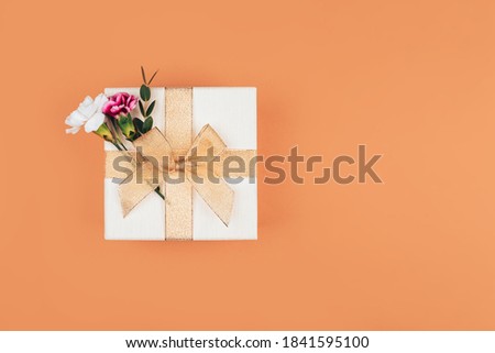 Two dianthus are inserted into a beautiful gift tied with a ribbon, a beautiful bow on the box, a gift on an orange background.