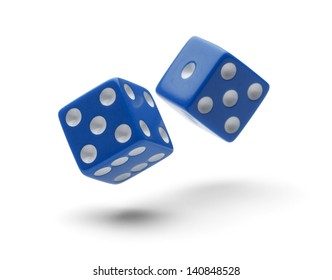 Two Dice Rolling Through The Air Isolated On White Background With Shadows.