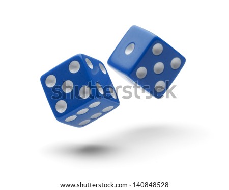 Two Dice Rolling through the Air Isolated on White Background with Shadows.