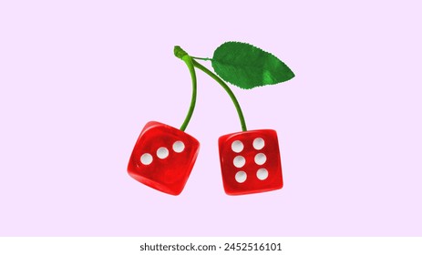 Two dice shaped like cherry on light pink background. Contemporary art collage. Gimbling theme, educational game apps. Concept of surrealism, pop art, creativity, imagination.