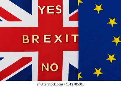 Two different flags with text Brexit yes or no 
