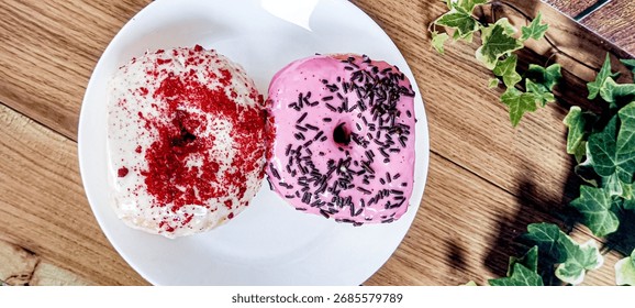 Two different flavored donuts served on a white plate. Sold in a bakery. Brown background.