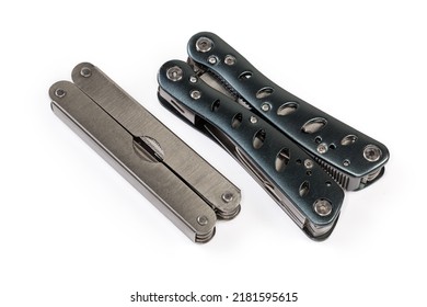 Two different folded multi-tools with metal handles on a white background - Shutterstock ID 2181595615