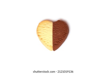 Two Different Halves Of Lemon And Chocolate Cookies In The Shape Of A Heart, Connected And Matching Each Other, Isolated On A White Background