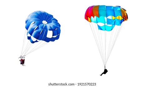 Two different images of parachutists on multicolored parachutes isolated on white background