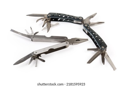 Two different multi-tools with metal handles and partly open various appurtenances on a white background - Shutterstock ID 2181595923