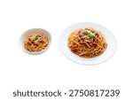 Two different portion sizes of spaghetti pasta with tomato sauce, basil, and parmesan on white background.