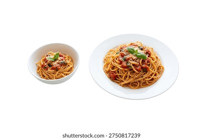 Two different portion sizes of spaghetti pasta with tomato sauce, basil, and parmesan on white background.