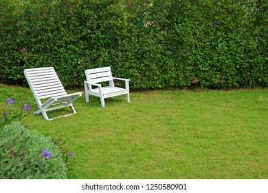 Two different type of white colored wooden chairs in vibrant green garden