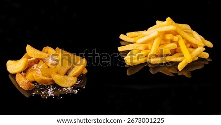Two different types of fried potatoes are presented on a shiny black surface. The left side features seasoned wedges, while the right displays straight-cut fries. Both look appetizing.