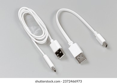 Two different white USB cables with plugs standard A and standard C at the cables ends on a gray background