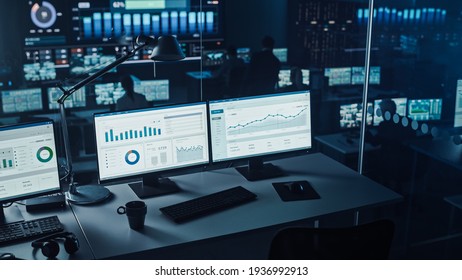 Two Digital Computer Screens With Financial Analytical Data In Modern Monitoring Office. Control Room With Finance Specialists Sit In Front Of Computers.