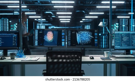 Two Digital Computer Screens with a Green Mock Up Chromakey in Modern Monitoring Office. Control Room with Specialists and Managers on the Background. High Tech Electronics Industrial Design - Shutterstock ID 2136788205