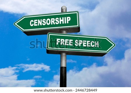 Two direction signs, one pointing left (Censorship) and the other one, pointing right (Free speech).